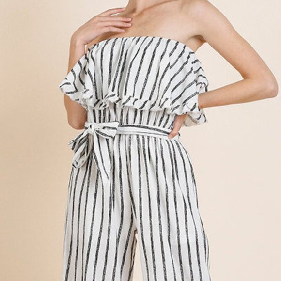 Striped Boho Ruffle Strapless Wide Leg Jumpsuit - Picture 4 of 8